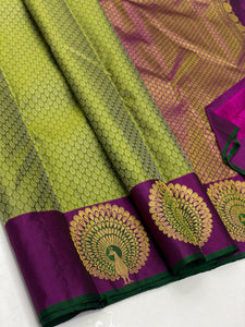 Classic Olive Green & Wine Red 2gm Zari Elegance Kanchipuram Handloom Silk Saree SS24730