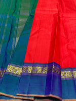 Load image into Gallery viewer, Classic Brick Red &amp; Robin Blue 2gm Zari Elegance Kanchipuram Handloom Silk Saree SS25308
