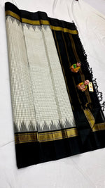 Load image into Gallery viewer, Classic Pearl Cream &amp; Charcoal Black Elegance Kanchipuram Handloom Silk Saree SS24525
