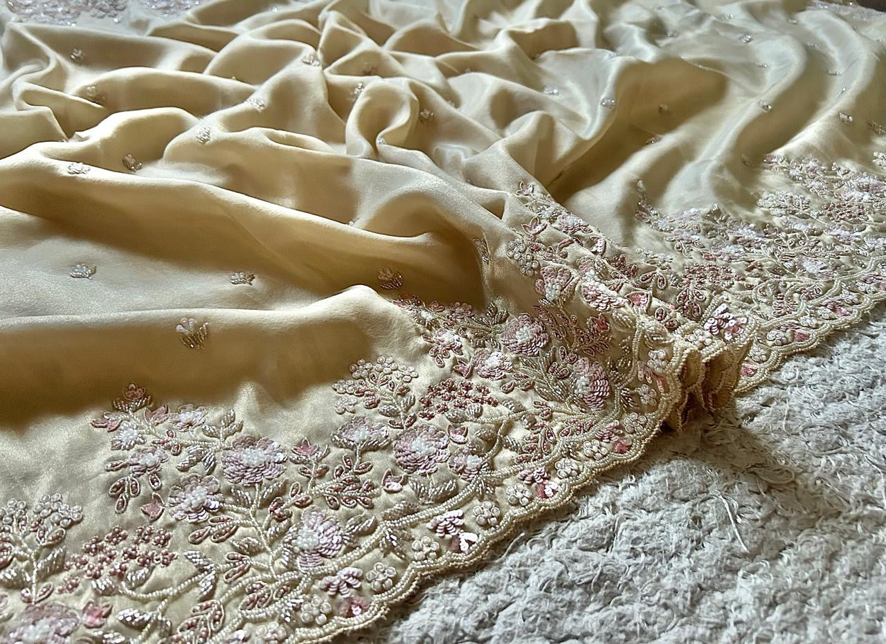 Classic Oatmeal Beige Handwork Elegance Banarasi Tissue Silk Saree SS25397