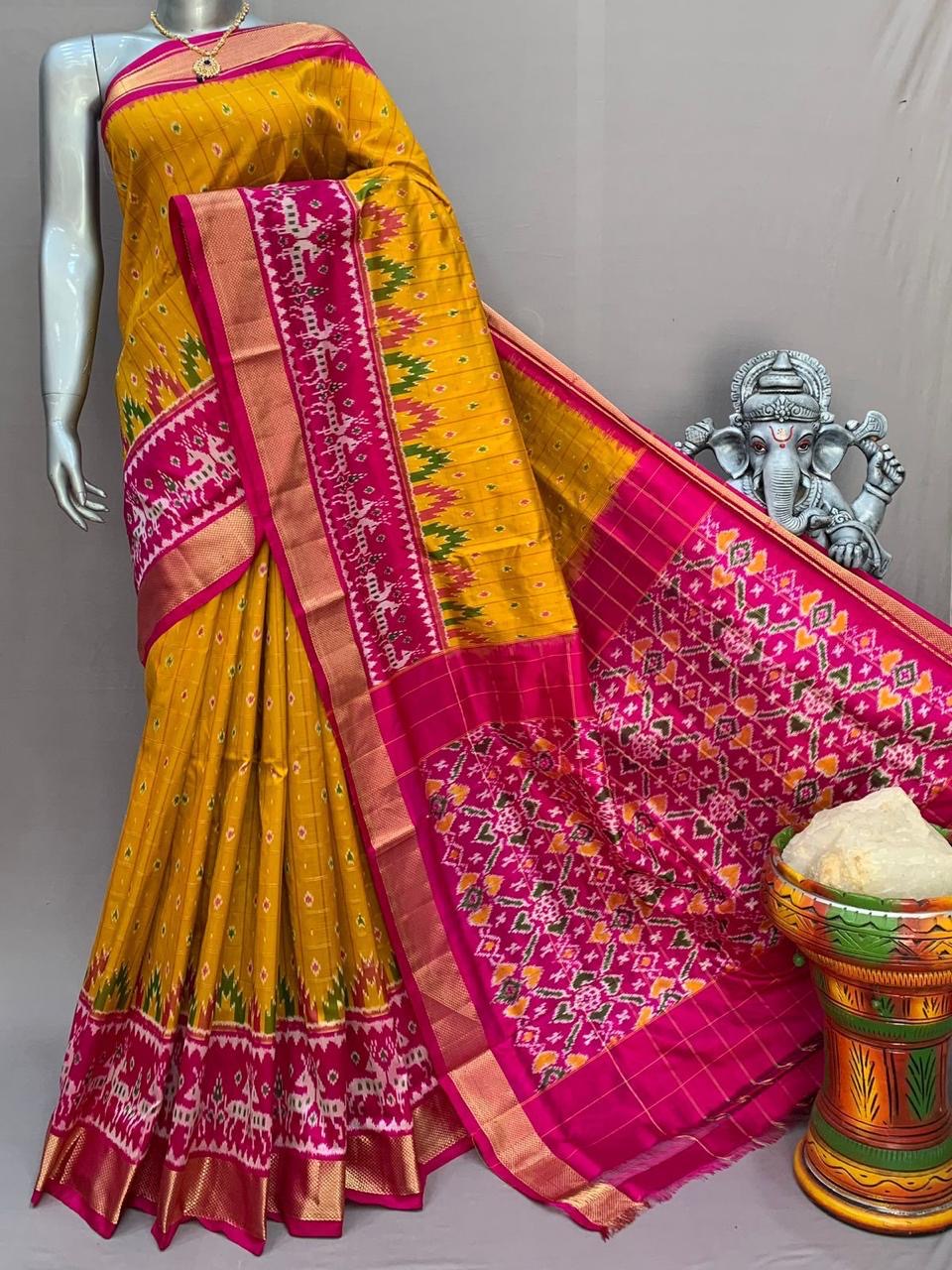 Mustard Yellow & Deep Pink Ikkat Elegance Handloom Soft Silk Saree SS23133