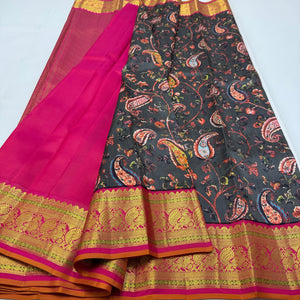 Classic Black & Orange Korvai Digital Print 2gm Zari Kanchipuram Handloom Silk Saree SS25992