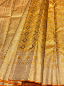 Classic Golden Yellow 2gm Zari Brocade Bridal Elegance Kanchipuram Tissue Handloom Silk Saree SS22124