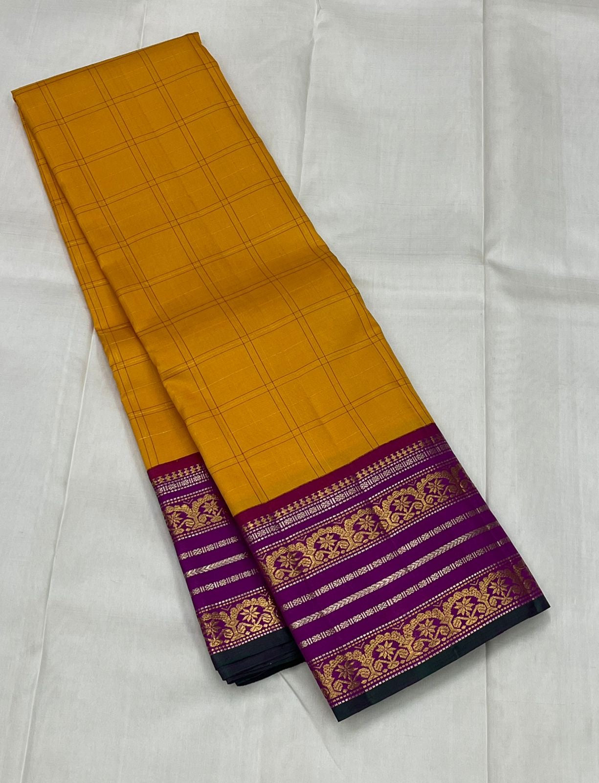 Classic Golden Yellow & Berry Plum 2gm Zari Elegance Kanchipuram Handloom Silk Saree SS24714