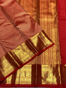 Classic Dark Orange Red 2gm Zari Bridal Elegance Kanchipuram Handloom Silk Saree SS26494