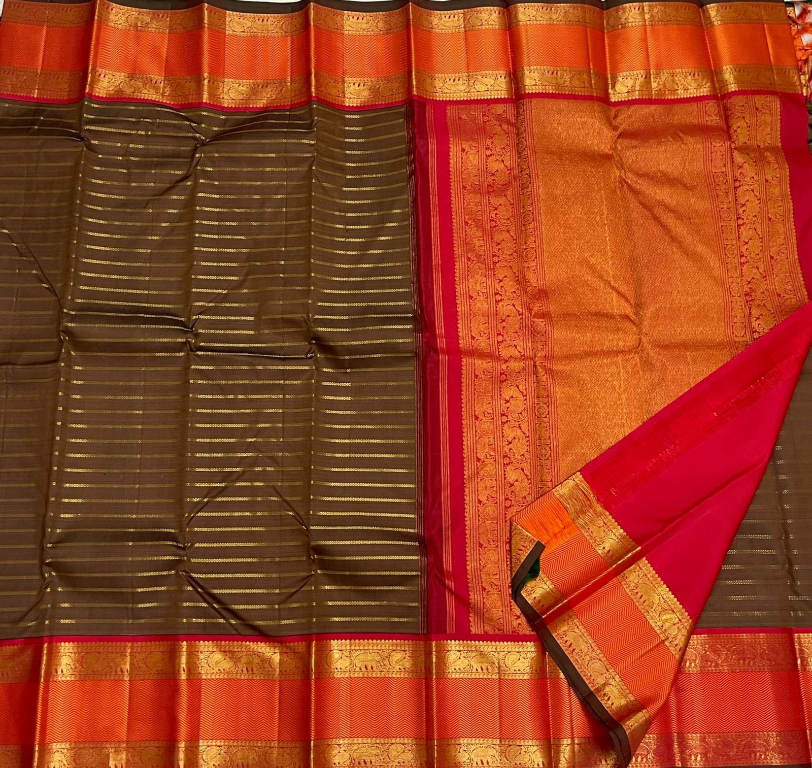 Classic Moss Brown & Orange 2gm Zari Elegance Kanchipuram Handloom Silk Saree SS24449