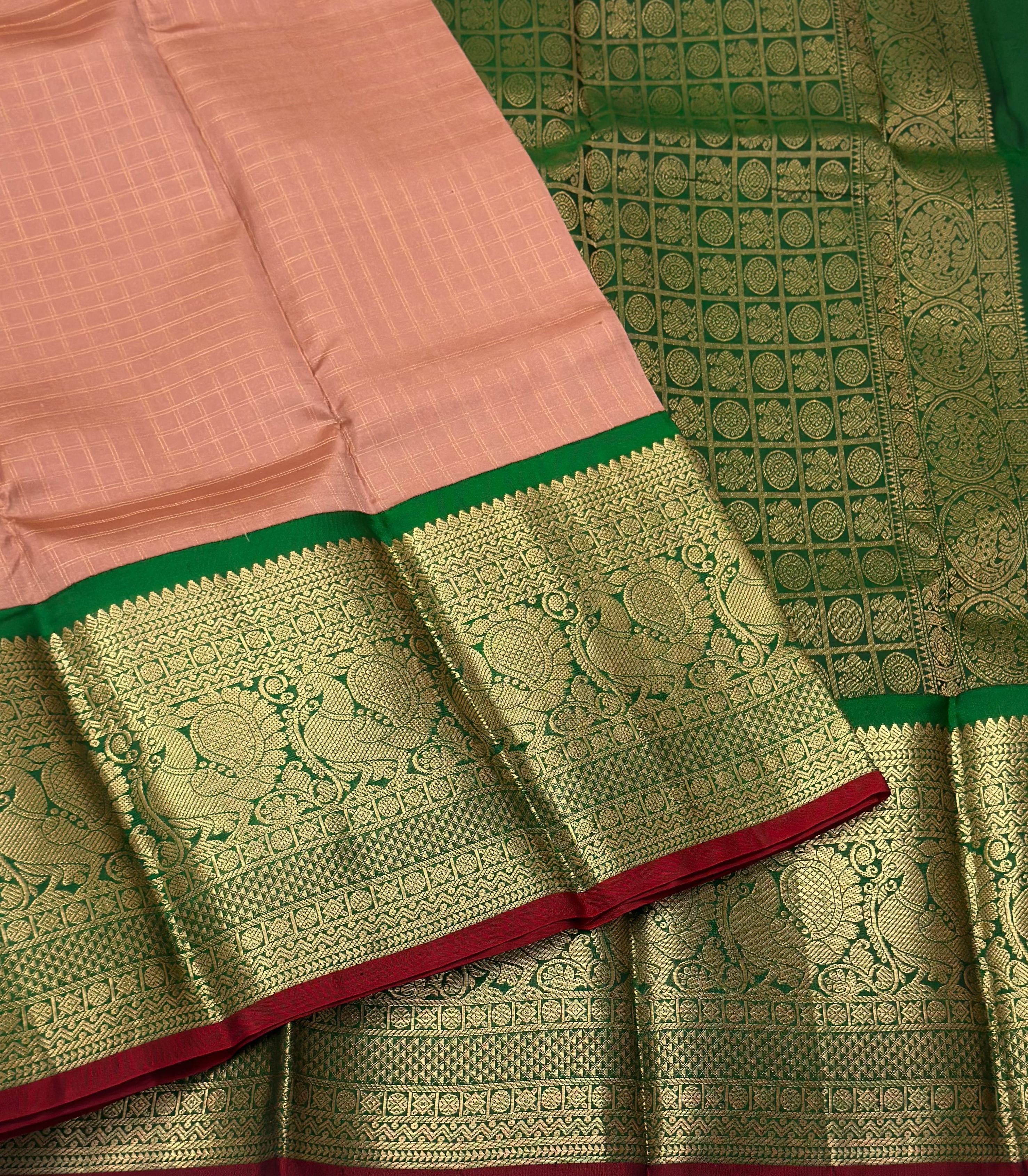 Classic Dusky Rose &  Dark Green 1gm Zari Elegance Kanchipuram Handloom Silk Saree SS25158
