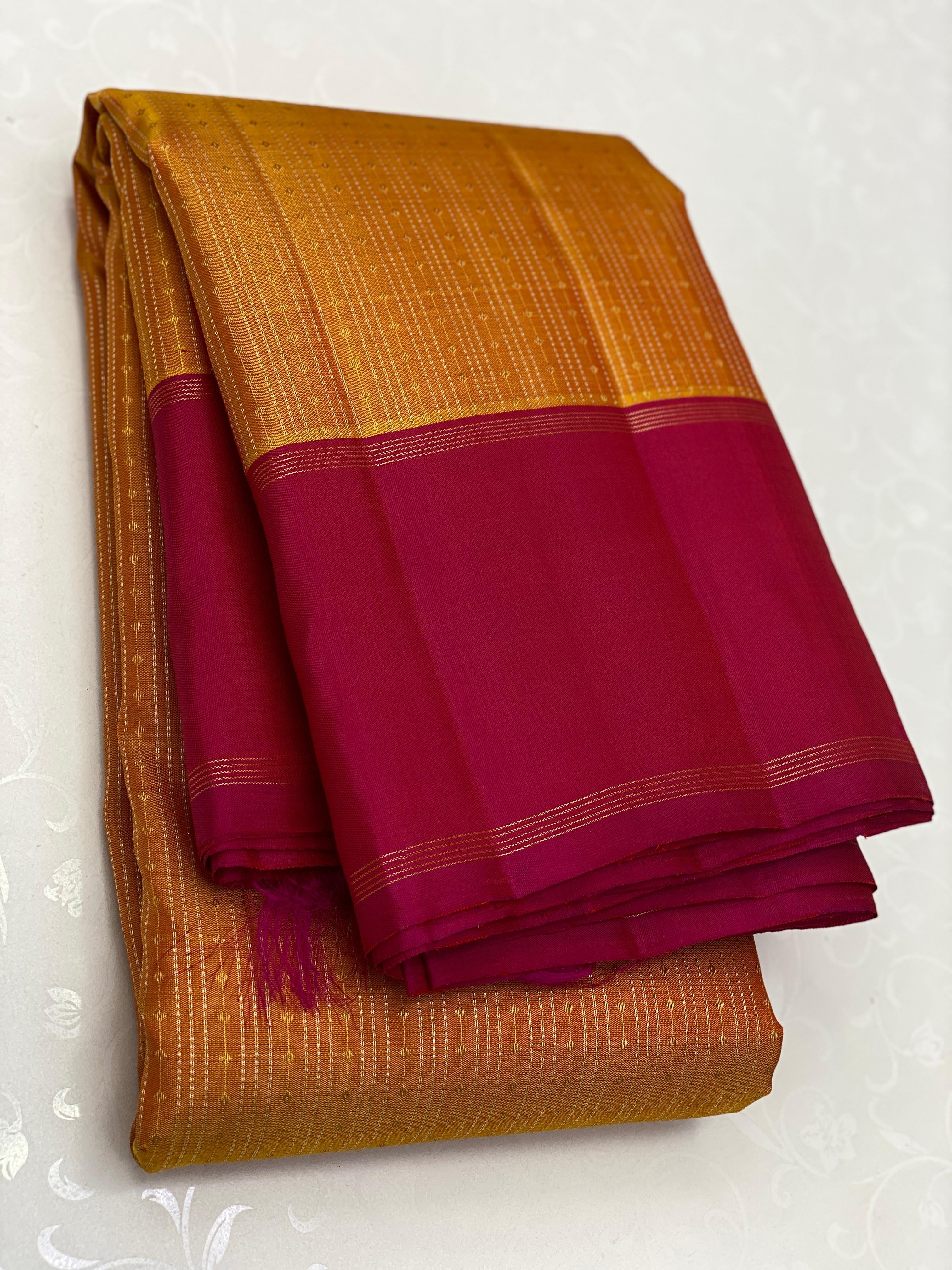 Classic Mango Yellow & Deep Pink 2gm Zari Elegance Kanchipuram Handloom Silk Saree SS25345