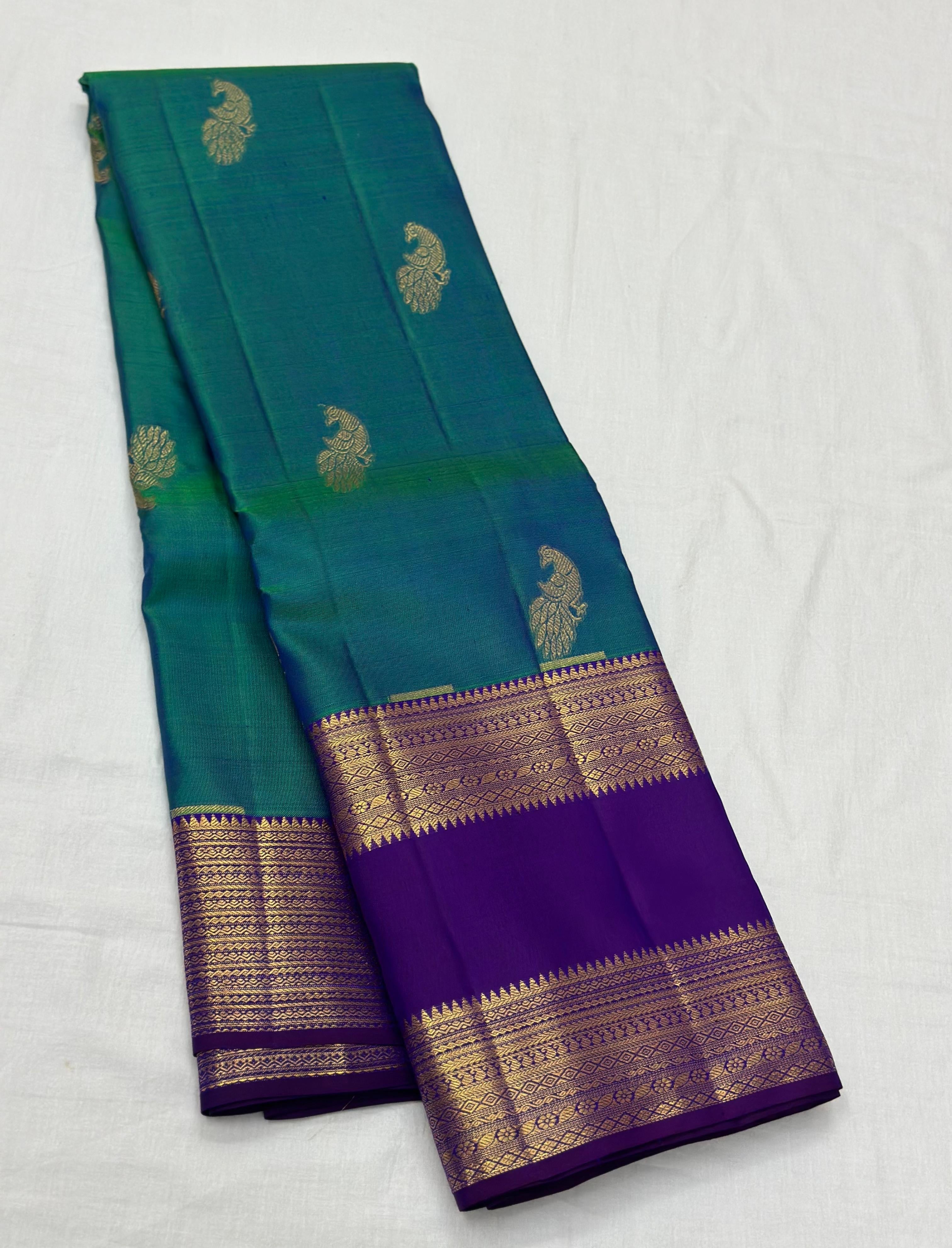 Classic Peacock Blue 1gm Zari Elegance Kanchipuram Handloom Silk Saree SS24198