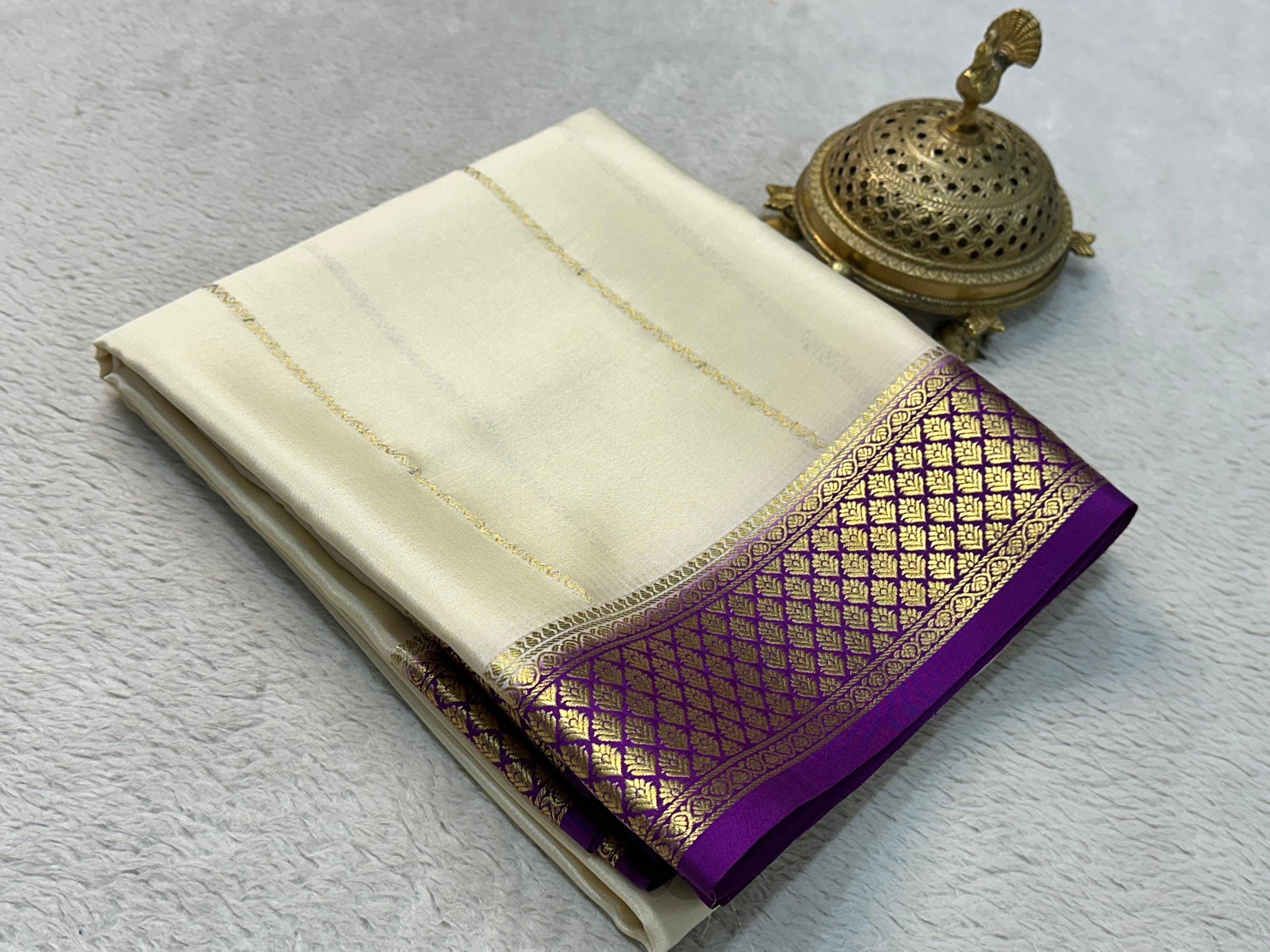 Classic Butter Cream & Purple Elegance Mysore Silk Saree SS24648