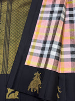 Load image into Gallery viewer, Classic White Pink &amp; Carbon Black Checks 2gm Zari Elegance Kanchipuram Handloom Silk Saree SS27208
