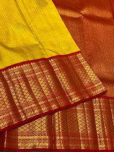 Classic Sunny Yellow & Chilli Red 3gm Zari Bridal Elegance Kanchipuram Handloom Silk Saree SS25171