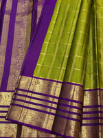 Load image into Gallery viewer, Classic Olive Green &amp; Violet Beldari Vintage Oosi Checks 2gm Zari Elegance Kanchipuram Handloom Silk Saree SS27206
