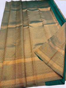 Classic Pine Green Edge to Edge 2gm Zari Brocade Bridal Elegance Kanchipuram Handloom Silk Saree SS25761