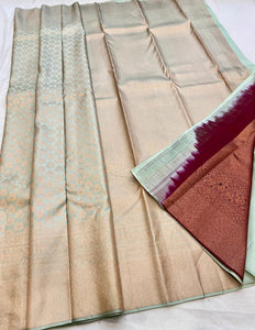 Classic Light Pista Green & Barn Red Edge to Edge 2gm Zari Brocade Bridal Elegance Kanchipuram Handloom Silk Saree SS25762