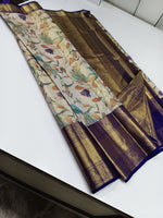 Load image into Gallery viewer, Classic Butter Cream &amp; Navy Blue 2gm Zari Digital Print Bridal Elegance Kanchipuram Handloom Silk Saree SS25300
