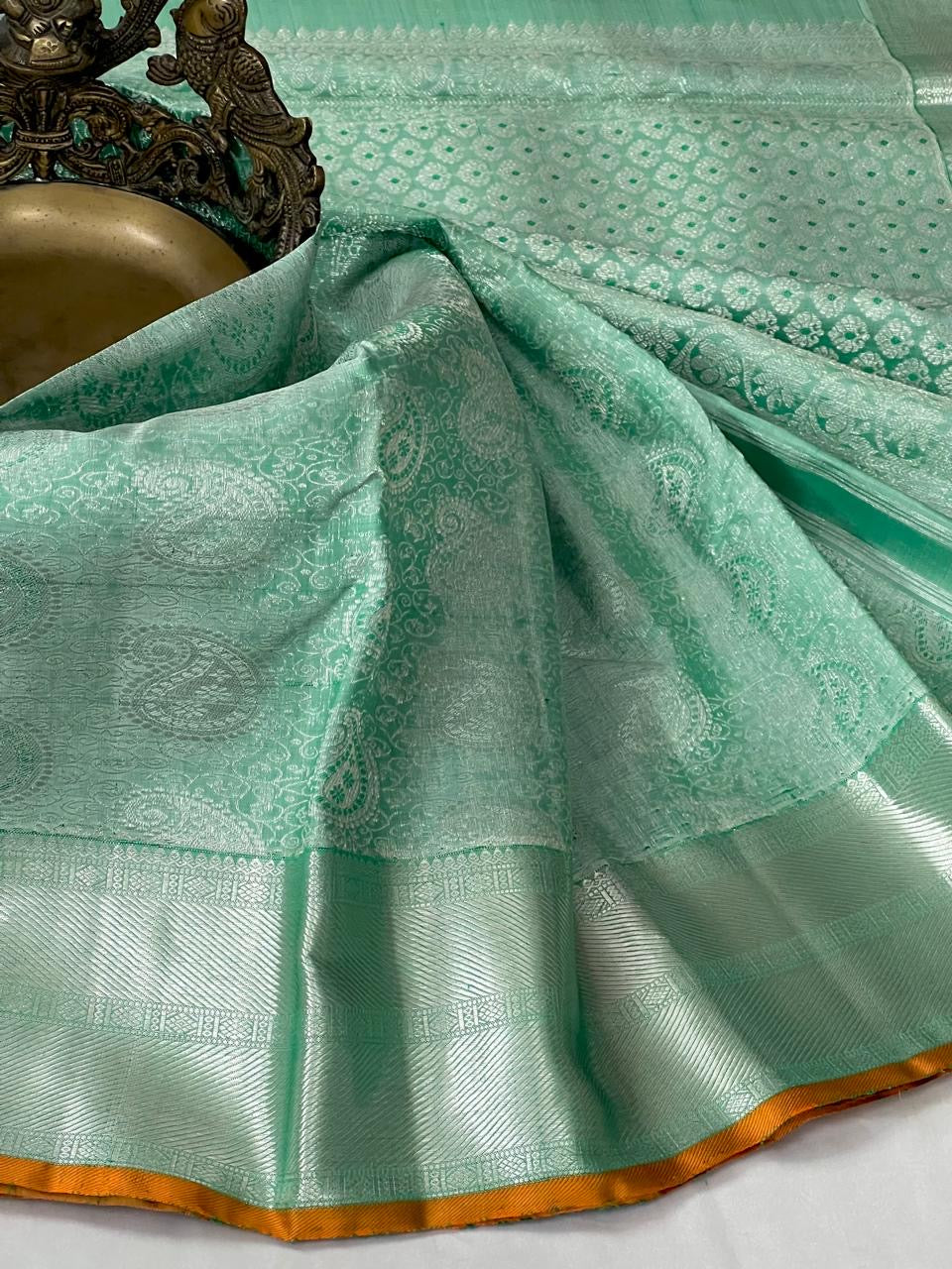 Classic Sea Green Silver 2gm Zari Bridal Elegance Kanchipuram Handloom Silk Saree SS23844