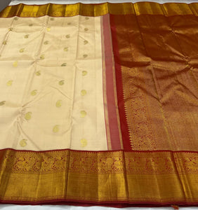 Classic Butter Cream & Chilli Red 2gm Zari Elegance Kanchipuram Handloom Silk Saree SS25628