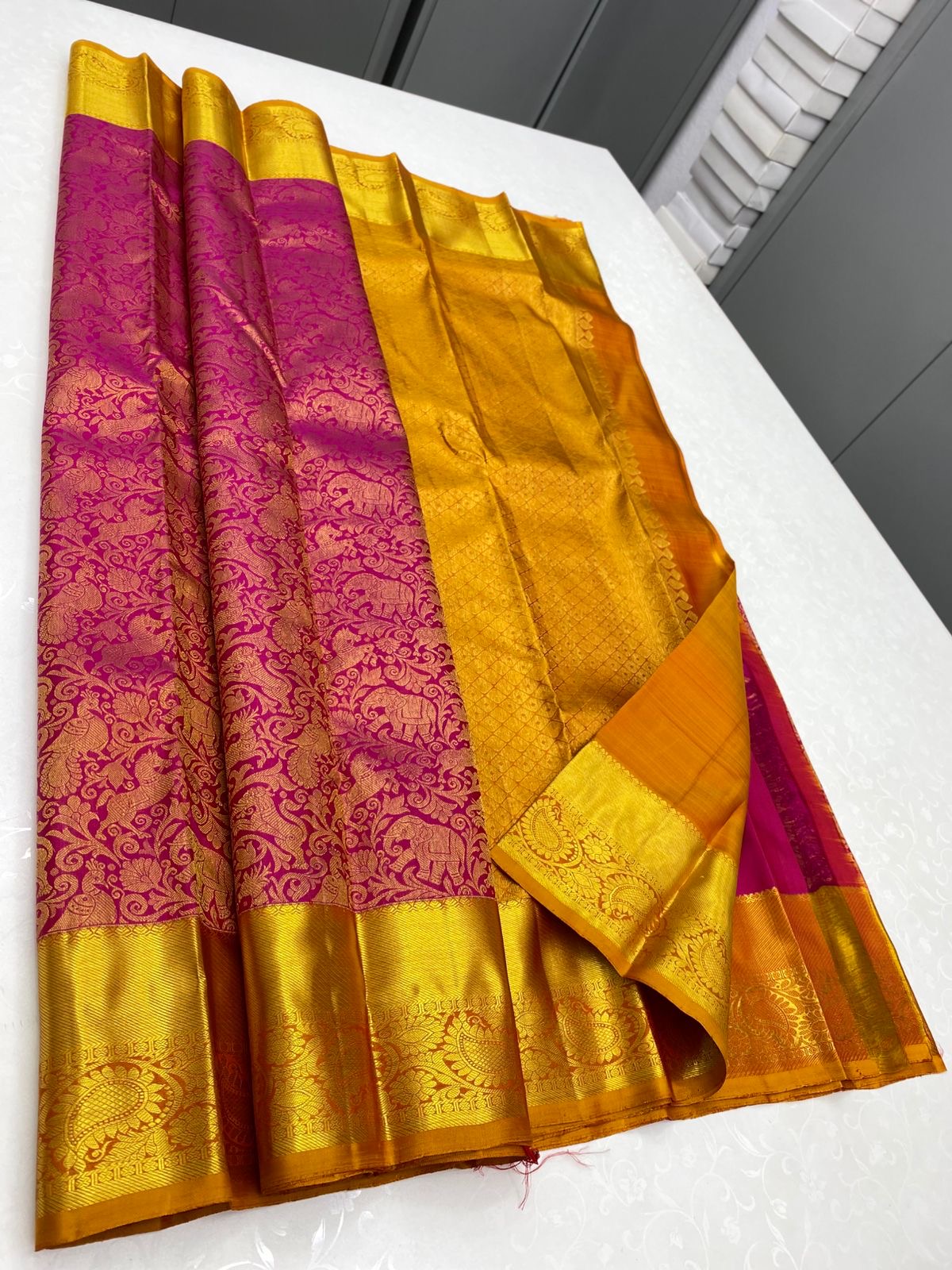 Classic Deep Pink & Mustard Yellow 2gm Zari Elegance Kanchipuram Handloom Silk Saree SS23792