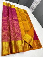 Load image into Gallery viewer, Classic Deep Pink &amp; Mustard Yellow 2gm Zari Elegance Kanchipuram Handloom Silk Saree SS23792
