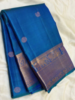 Load image into Gallery viewer, Classic Teal Blue 2gm Zari Elegance Kanchipuram Handloom Silk Saree SS27087

