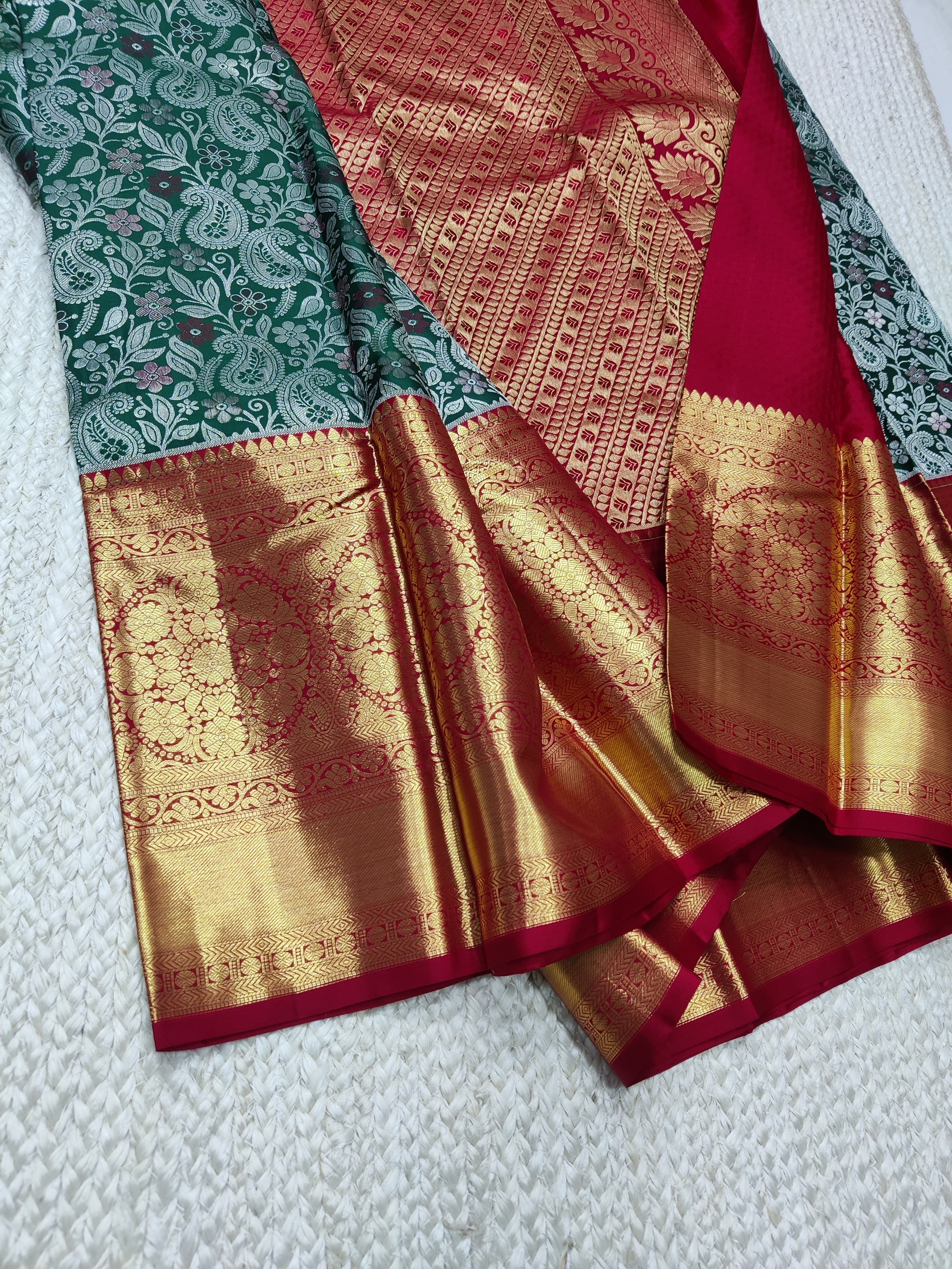 Classic Persian Green & Ruby Pink 2gm Zari Bridal Elegance Kanchipuram Handloom Silk Saree SS25398