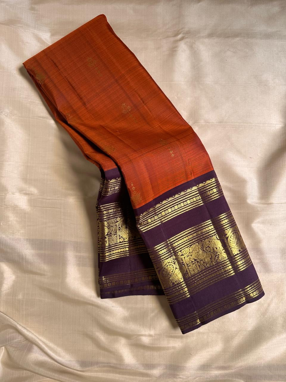Classic Burnt Orange & Dark Blue 2gm Zari Elegance Kanchipuram Handloom Silk Saree SS25494