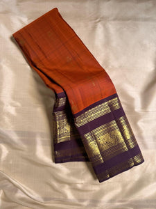 Classic Burnt Orange & Dark Blue 2gm Zari Elegance Kanchipuram Handloom Silk Saree SS25494