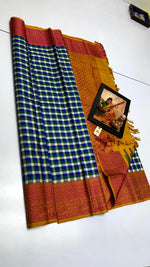 Load image into Gallery viewer, Classic Checker Blue &amp; Orange Elegance Kanchipuram Handloom Silk Saree SS24142
