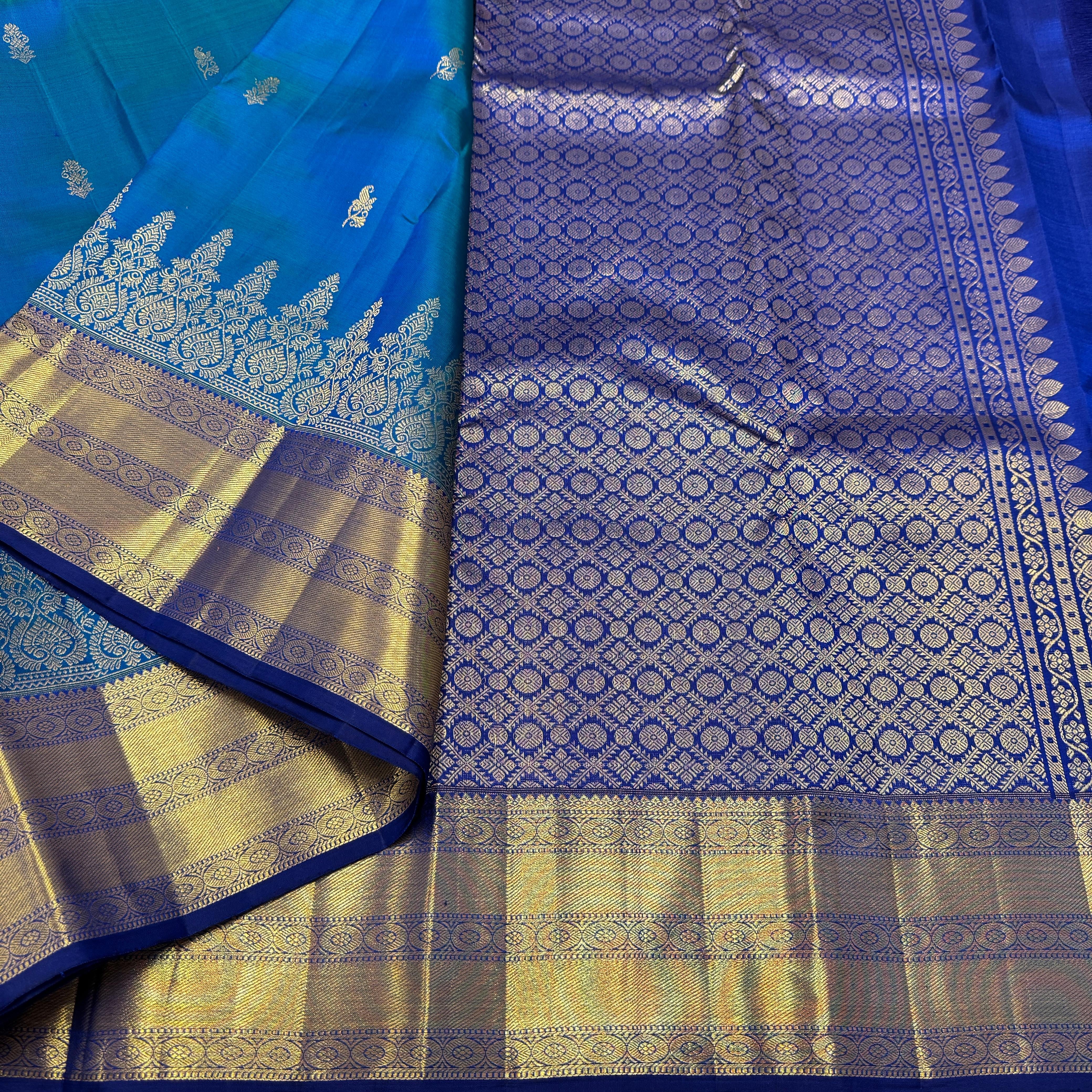 Classic Azure Blue & Robin Blue 2gm Zari Bridal Elegance Kanchipuram Handloom Silk Saree SS26267