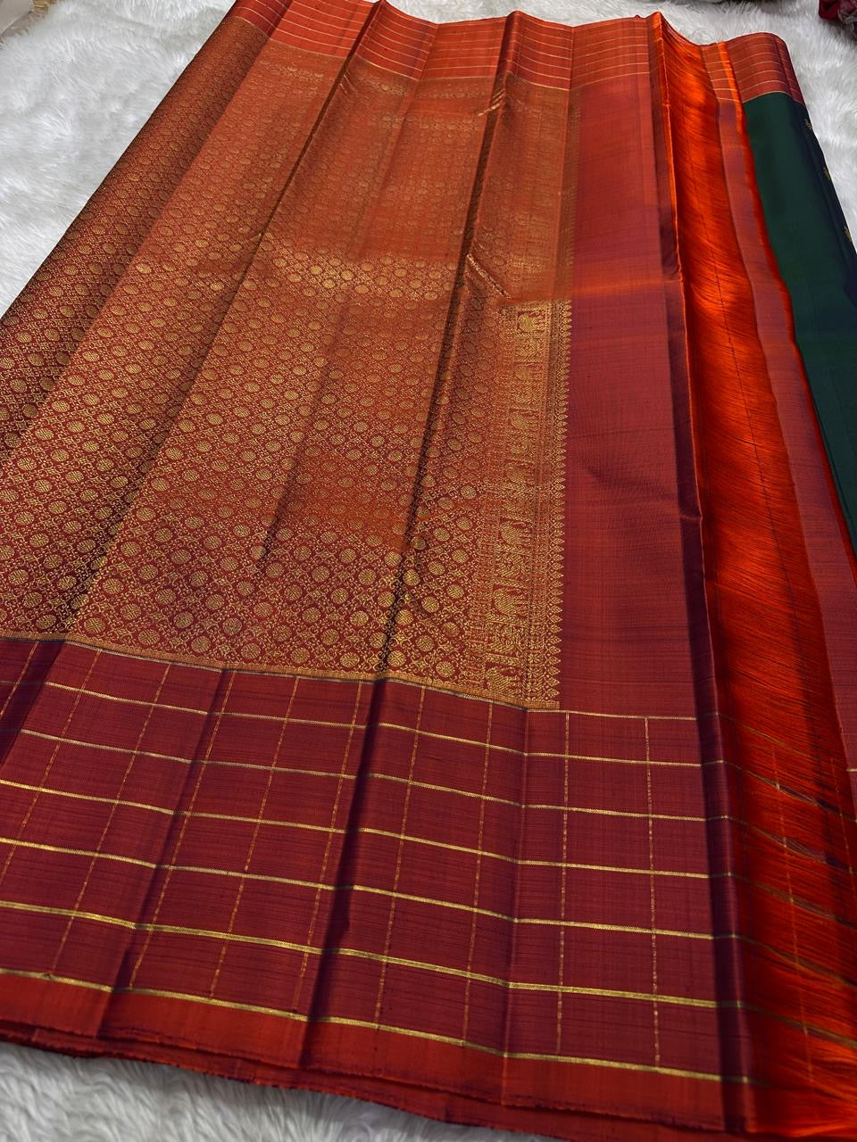 Classic Pine Green & Brick Orange Kanchipuram Handloom Silk Saree SS25905