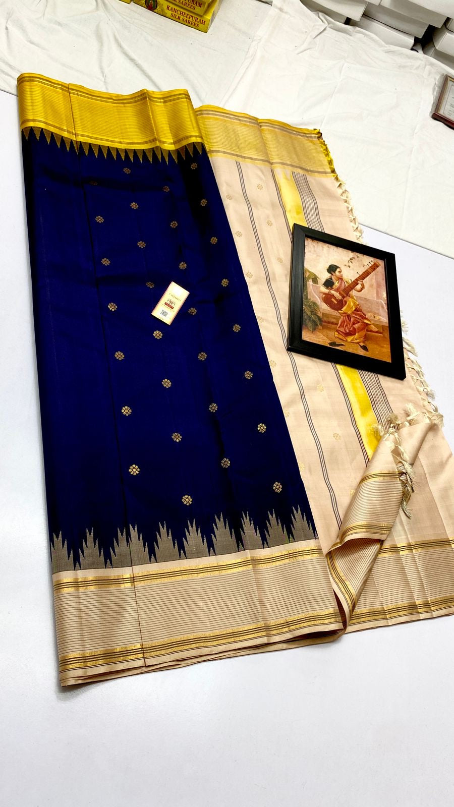 Classic Royal Blue Cream & Yellow Kanchipuram Handloom Silk Saree SS26263