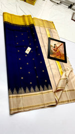 Load image into Gallery viewer, Classic Royal Blue Cream &amp; Yellow Kanchipuram Handloom Silk Saree SS26263
