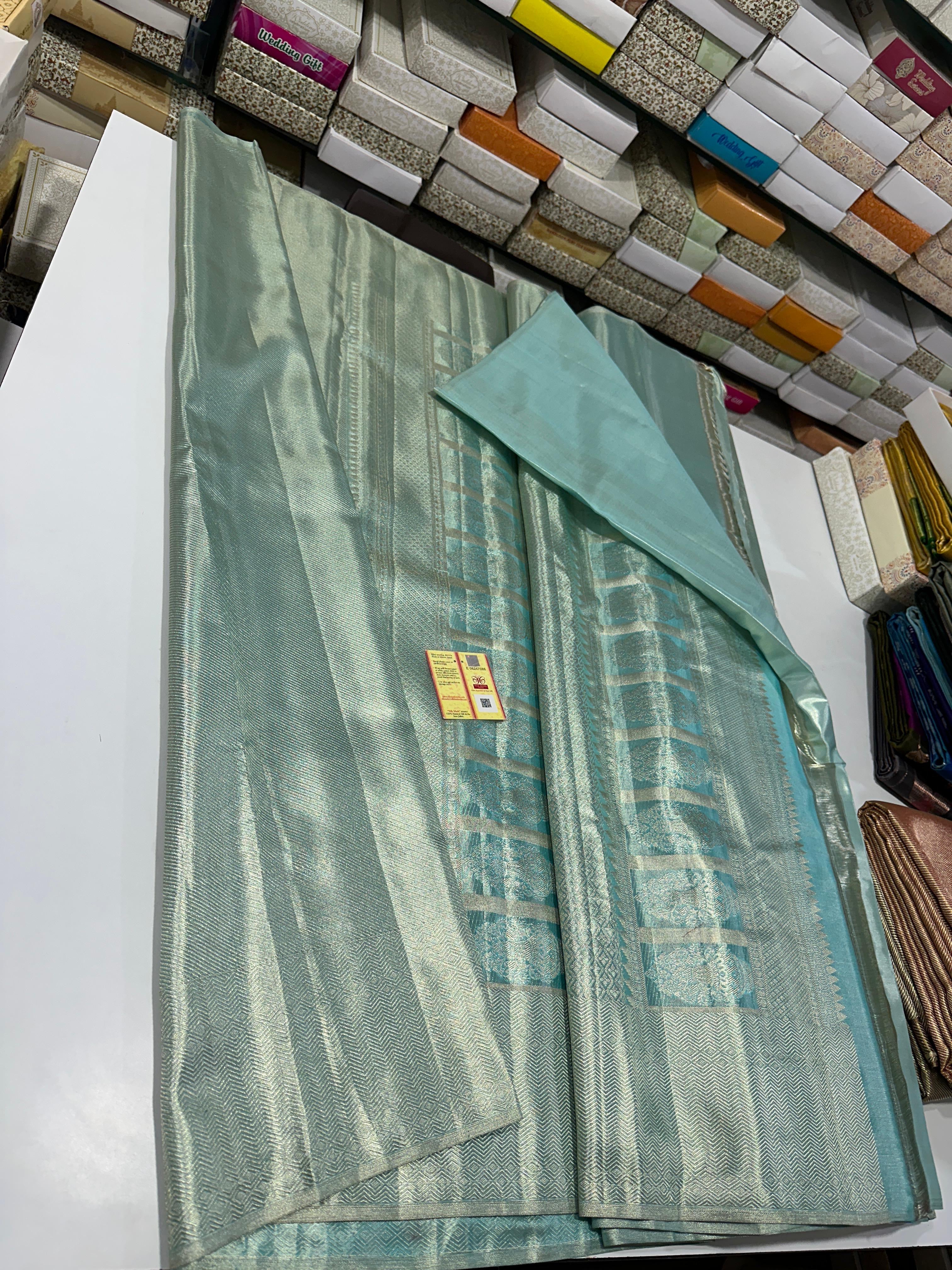 Classic Sky Blue Gold Tissue Bridal Elegance Kanchipuram Tissue Handloom Silk Saree SS23881