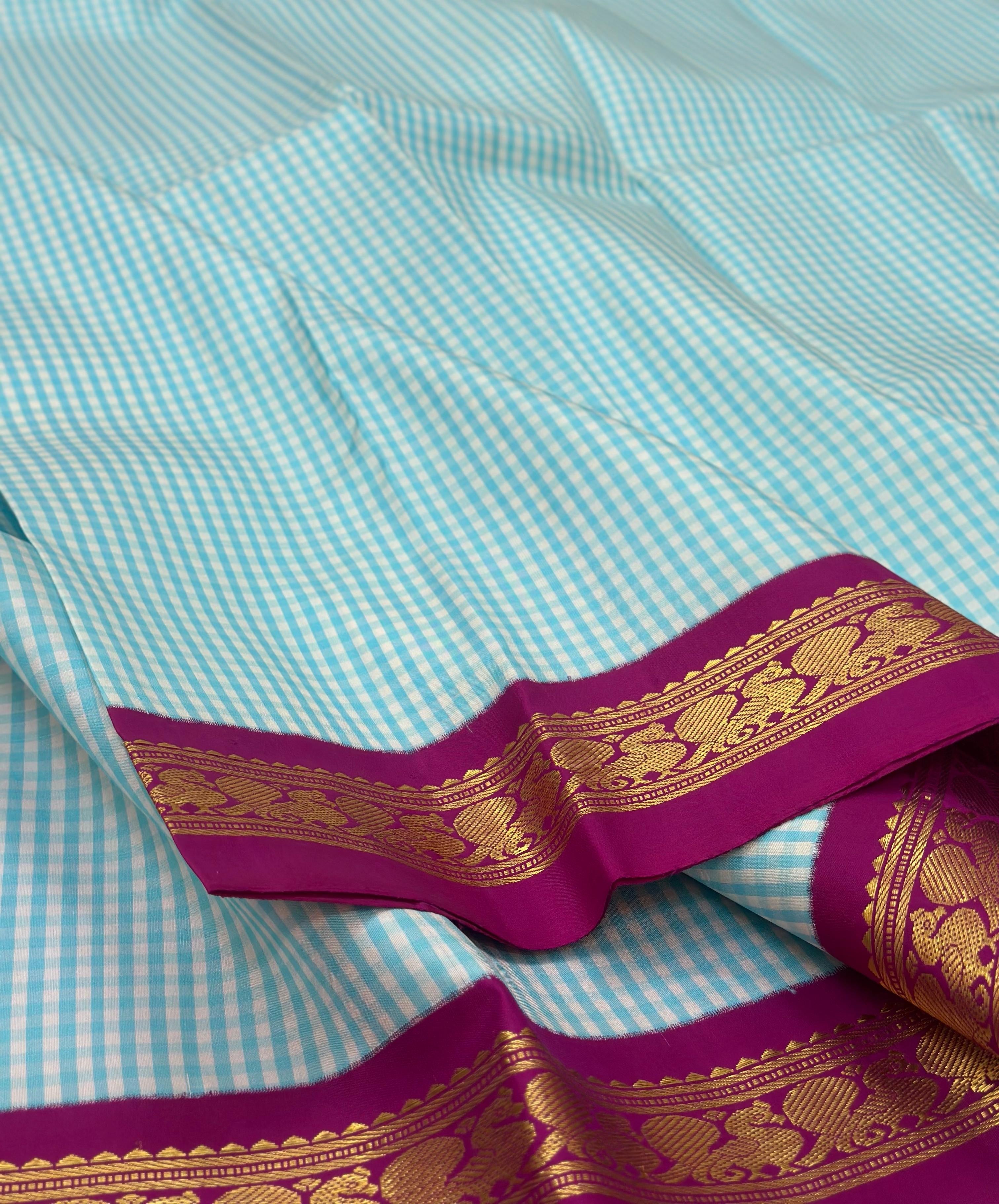 Classic Sky Blue & Plum 2gm Zari Elegance Kanchipuram Handloom Silk Saree SS24733