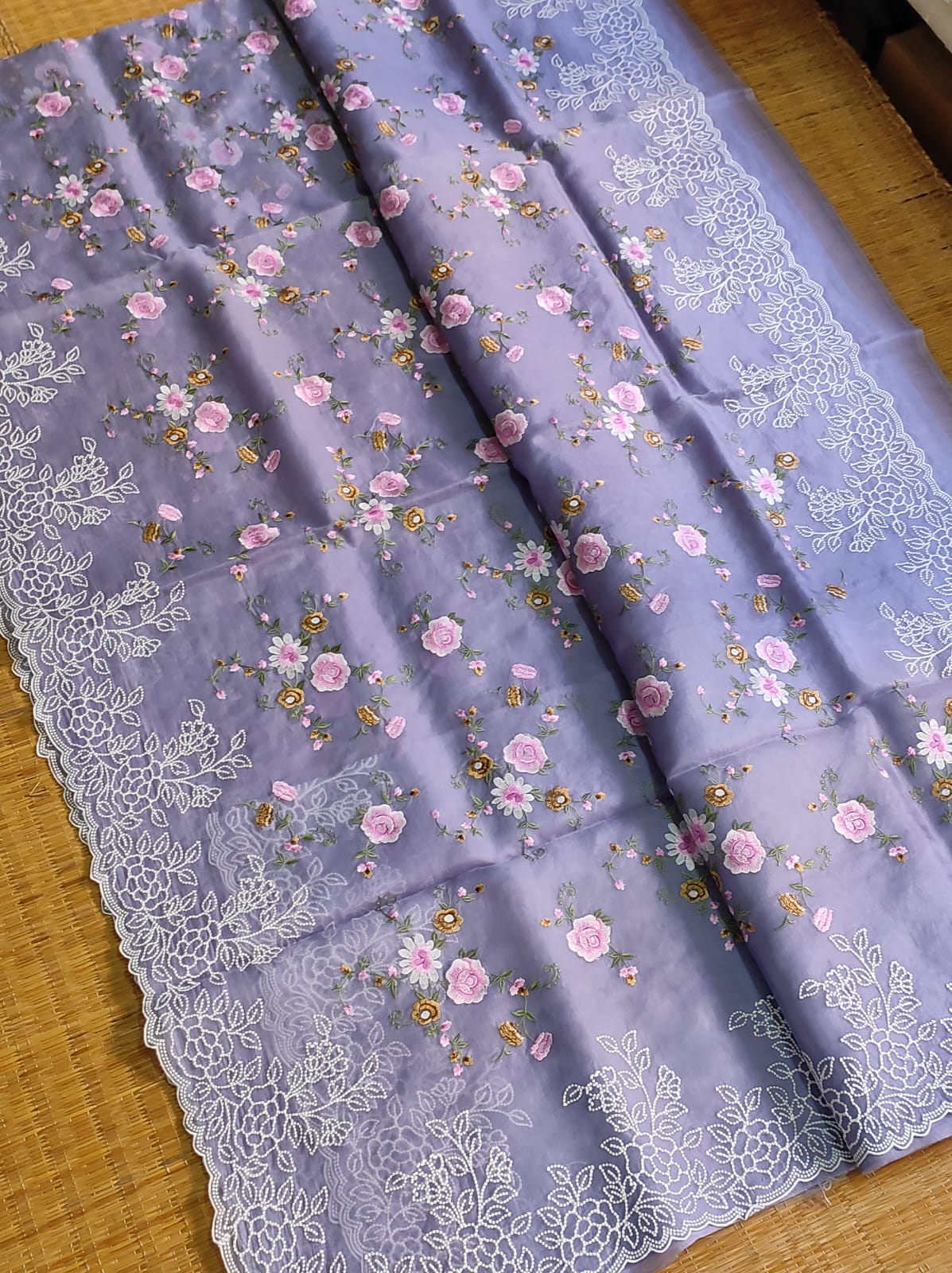 Classic Lavender Embriodery Pearl Style Organza Silk Saree SS10835