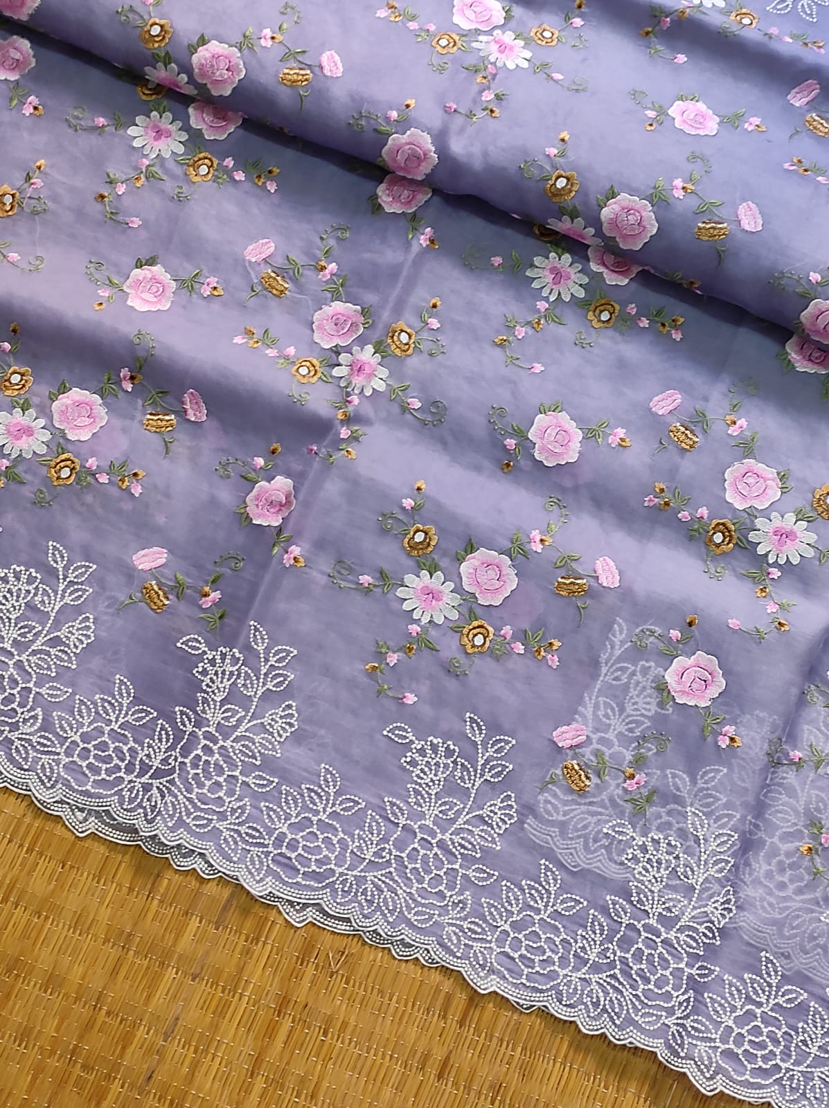 Classic Lavender Embriodery Pearl Style Organza Silk Saree SS10835