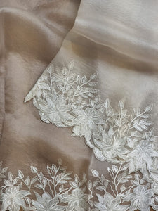 Pastel Ivory Embriodery Cutwork Scallop Organza Silk Saree SS10950