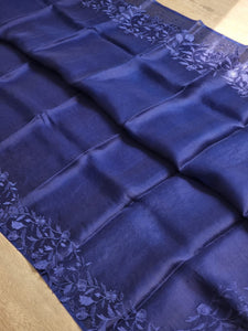 Classic Midnight Blue Embriodery Cutwork Scallop Organza Silk Saree SS10956