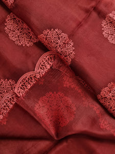 Crimson Red Embriodery Cutwork Scallop Organza Silk Saree SS10957