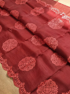 Crimson Red Embriodery Cutwork Scallop Organza Silk Saree SS10957