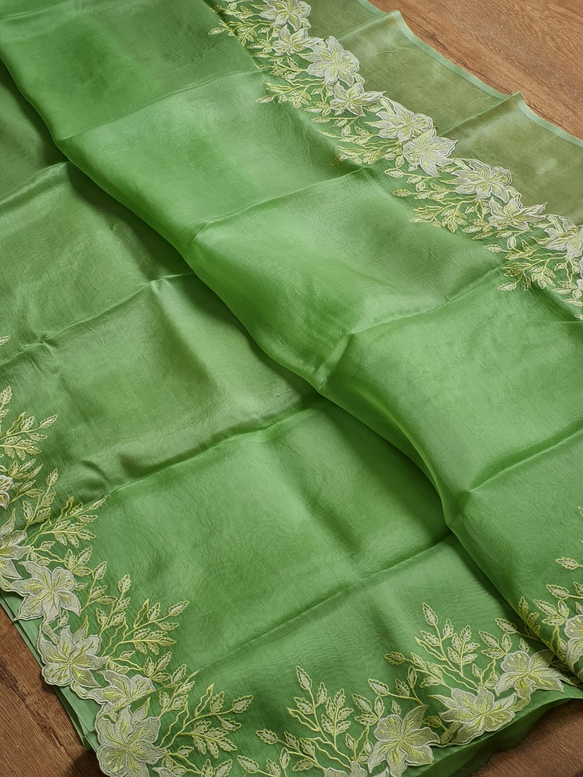 Pastel Light Green Embriodery Cutwork Scallop Organza Silk Saree SS10980