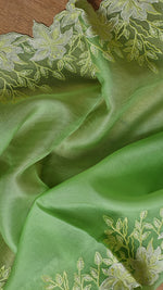 Load image into Gallery viewer, Pastel Light Green Embriodery Cutwork Scallop Organza Silk Saree SS10980
