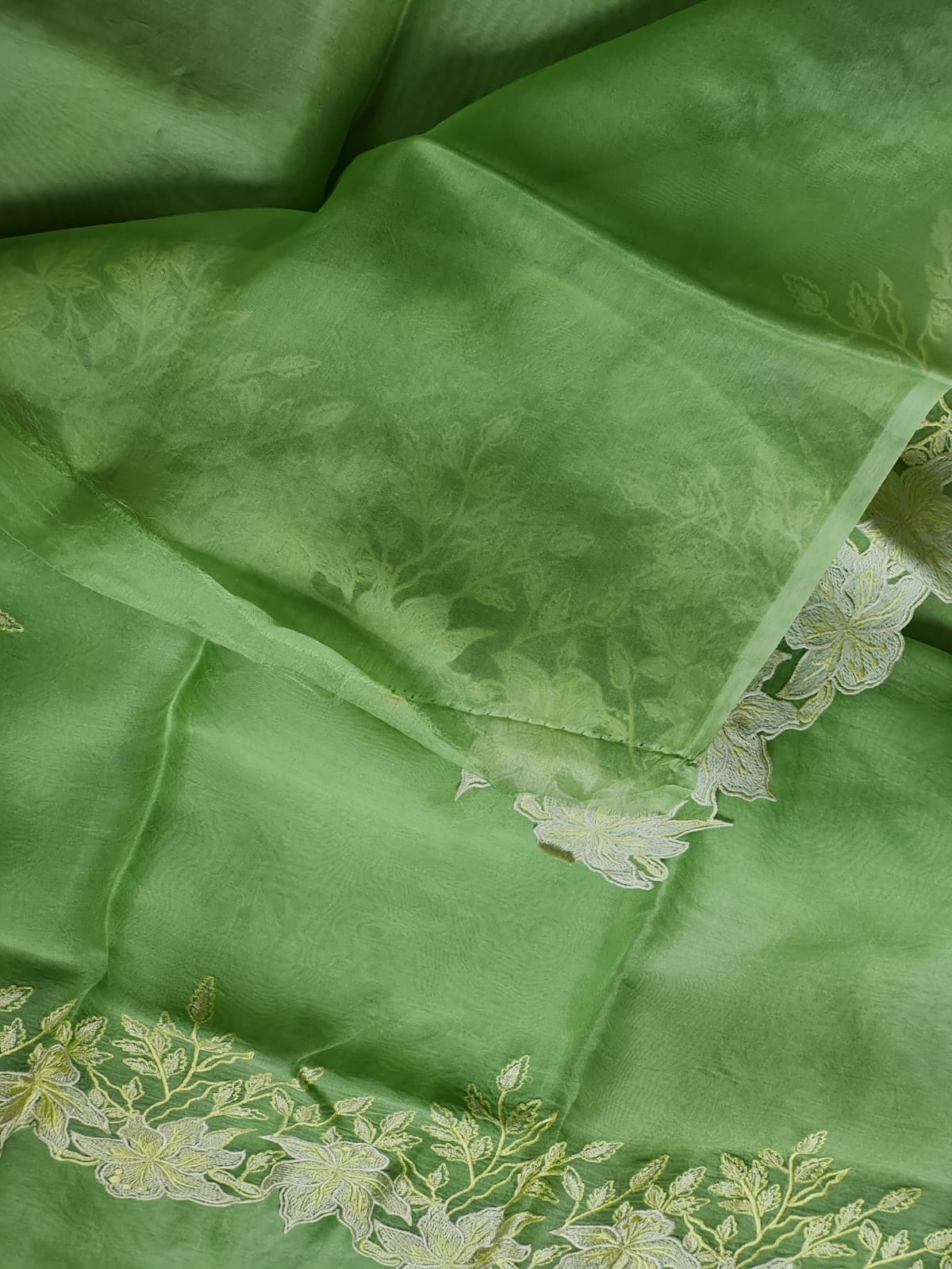 Pastel Light Green Embriodery Cutwork Scallop Organza Silk Saree SS10980