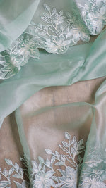 Load image into Gallery viewer, Mint Green Sorbet Embriodery Cutwork Scallop Organza Silk Saree SS10985
