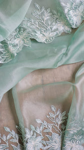 Mint Green Sorbet Embriodery Cutwork Scallop Organza Silk Saree SS10985