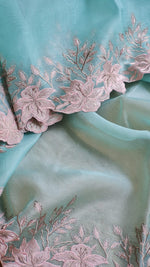 Load image into Gallery viewer, Sky Blue Sorbet &amp; Pale Rose Embriodery Cutwork Scallop Organza Silk Saree SS10986
