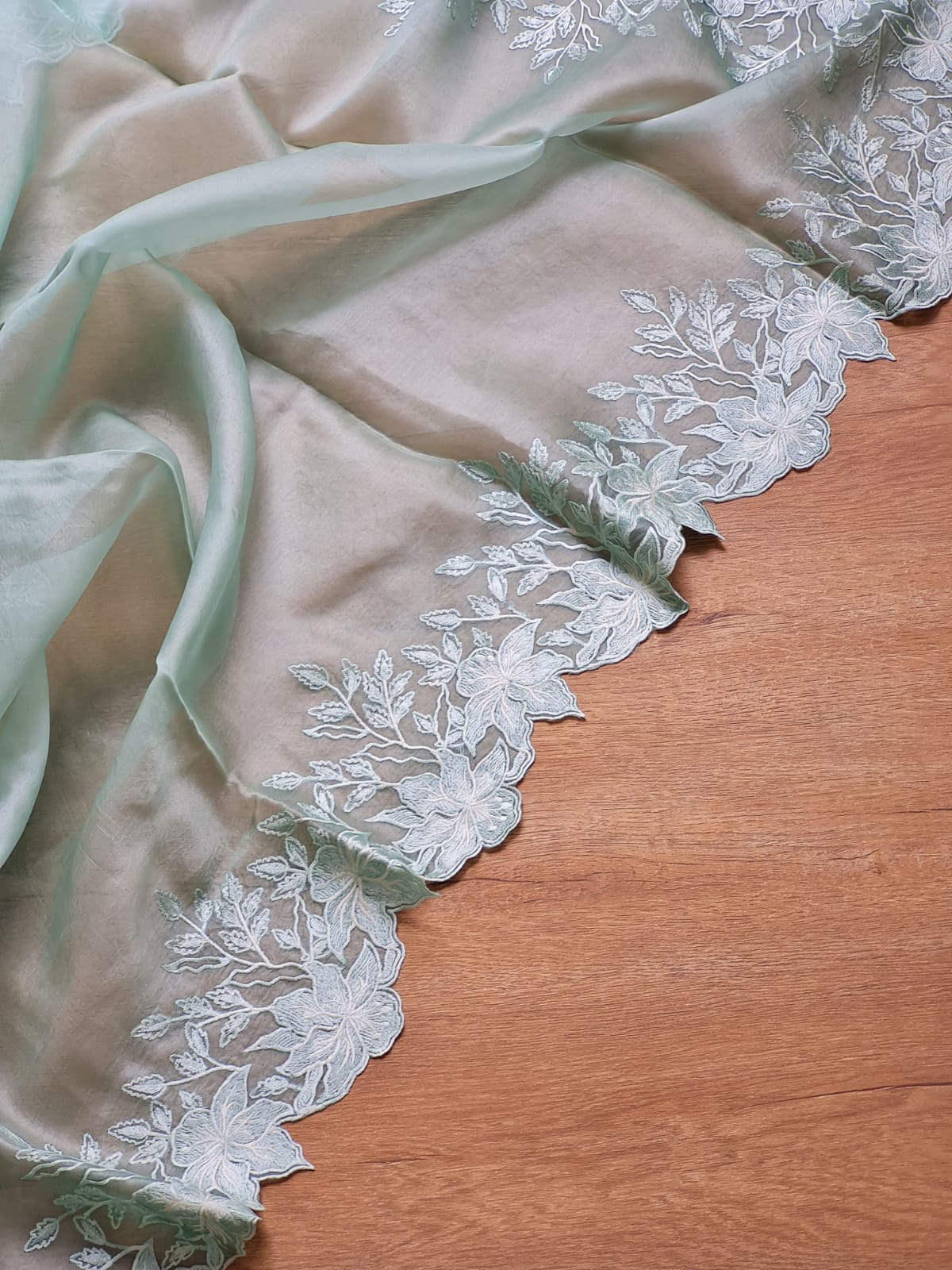 Mint Green Sorbet Embriodery Cutwork Scallop Organza Silk Saree SS10985