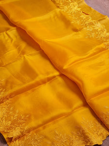 Golden Yellow Embriodery Cutwork Scallop Organza Silk Saree SS10982