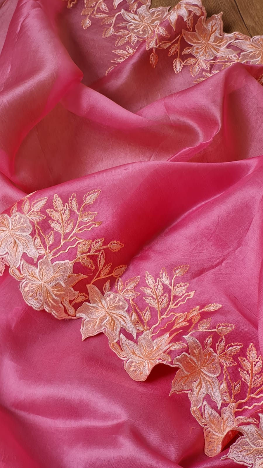 Pastel Pink Sorbet Embriodery Cutwork Scallop Organza Silk Saree SS10983